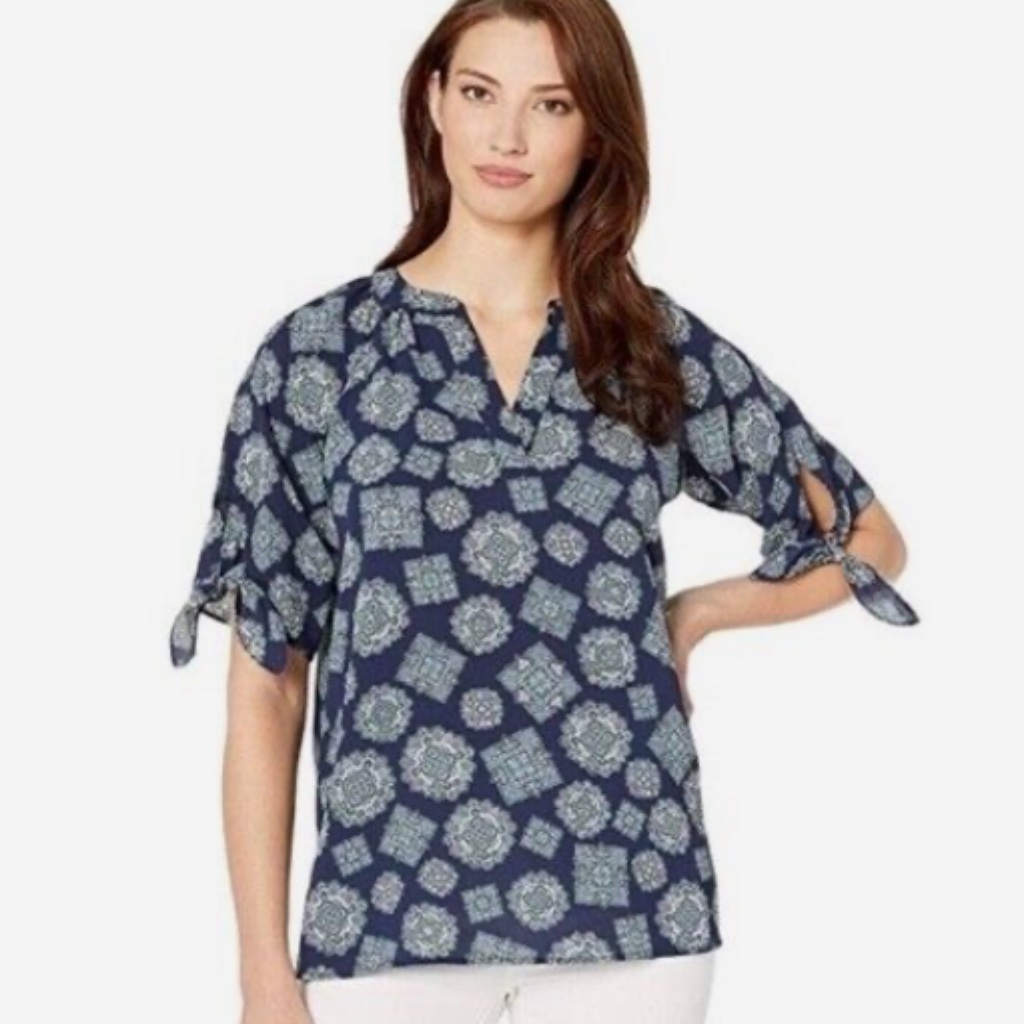 Michael Kors 293605 Women's Navy Printed Short Sleeve V-Neck Blouse Xl